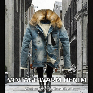 Veste en jean vintage pour homme MAINTAIN, doublée en sherpa, coupe-vent écologique, patchwork, manteau d'hiver, streetwear décontracté, service OEM - Product Image 2