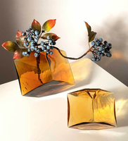 Vases à fleurs en verre transparent décoratifs pour la maison, cube géométrique épais en ambre, décoration de table en gros