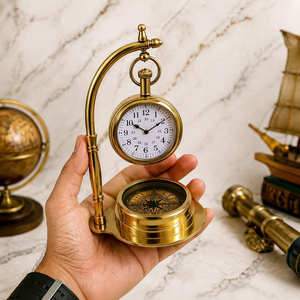 Vintage Brass <b>Clock</b> with Compass Nautical <b>Desk</b> Showpiece Antique Maritime Table Decor Collectible Gift for Home Office - Product Image 5