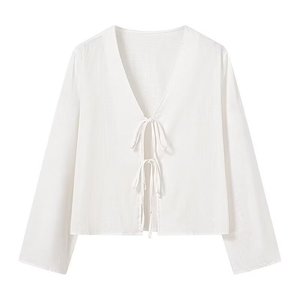 <span class=keywords><strong>Blusa</strong></span> de Moda Casual de Color Sólido con Cuello en V y Cordones Delanteros de <span class=keywords><strong>Manga</strong></span> <span class=keywords><strong>Larga</strong></span> para Mujer - Product Image 3