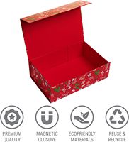 Boîte cadeau de Noël à fermeture magnétique, rouge, imprimé floral festif, boîte cadeau rigide pliable, emballage réutilisable