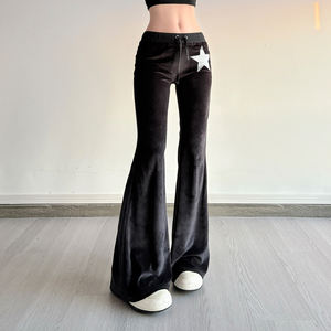 Pantalon de sport décontracté pour femme, coupe ample, patchwork en velours, devant plat, volants, style Y2K, jambe évasée basse, fermeture à cordon de serrage, écoresponsable - Product Image 6