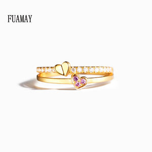 Женское кольцо с сердечком FUAMAY, Золотое 925 с золотым покрытием 18 карат, розовое кольцо с двойным сердечком - Product Image 1