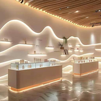Ensemble de comptoirs et vitrines de luxe en bois massif et métal, haute qualité, solution tout-en-un pour l'aménagement intérieur de salons de beauté et boutiques.