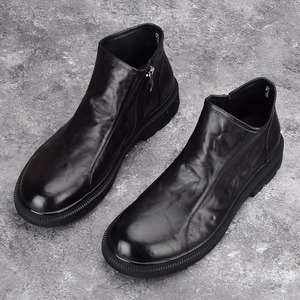 Botas de cuero de caña alta para hombre, de piel de vacuno de grano completo, botines de negocios de cuero genuino con suela gruesa y cremallera, zapatos formales de cuero. - Product Image 1