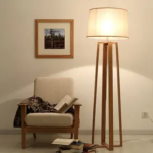 거실 침실을위한 그늘이있는 패브릭 전등갓 골동품 나무 티크 플로어 램프