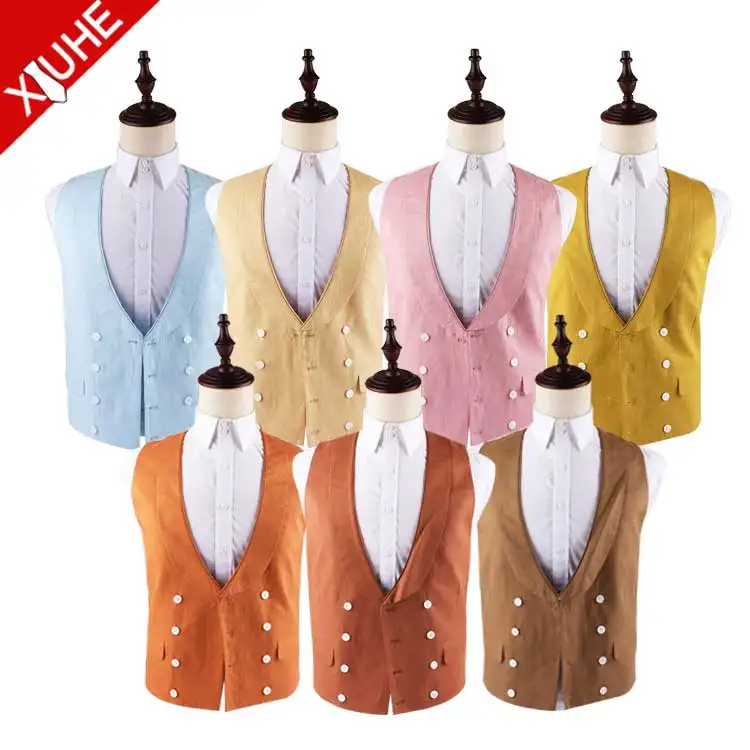 New Design Custom Double Breasted Waistcoat Men Party Solid Fashion Vest 100% Linen Pink Custom U-collar Waistcoats