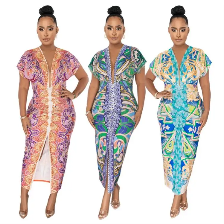 Dress Printing Slit Deep V Neck Maxi Long Ethnic Casual Short Sleeve Summer African Dresses For Women Clothing