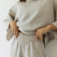 Ensemble en lin naturel personnalisé pour femme, printemps-été, respirant, en coton et lin, haut à col rond et pantalon, ensemble en lin 2 pièces