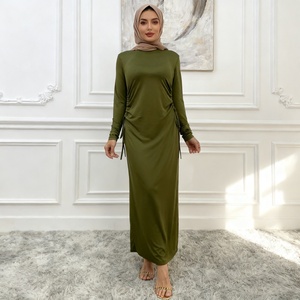 9.9 <b>Abaya</b> Dress Solid Color Little Bouncy Jersey Material Lace up on Both Side Simplicity Chic Long Slim Sleeves Dress 6736# - Product Image 3