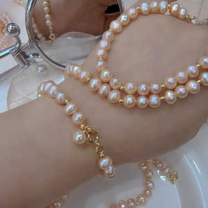 Lanyun Original Women's Natural Freshwater Pearl <b>Bracelet</b> Pink 5-6mm 17cm Long Copper-Plated <b>14k</b> <b>Gold</b> 30g New Arrival - Product Image 4