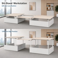 Bureau multi-postes modulaire collaboratif motorisé à hauteur réglable synchronisée, 6 colonnes, 3 niveaux, avec cloison de séparation