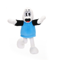Peluche en forme d'homme de dessin animé, poupée en peluche à grosse tête avec gilet bleu et manches noires, mascotte de marque personnalisée