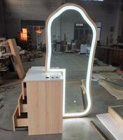 Station de coiffure avec miroir design moderne, éclairage LED, double face, en bois, avec tiroir
