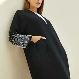 Abaya tedarikçisi özel EID lüks siyah yüksek kalite 100% polyester abaya tasarımları ile son nakış boncuk rhinestone