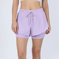 Shorts de course amples taille haute pour femme, couleur unie, taille élastique, respirants, écologiques, avec doublure de compression 2-en-1 pour yoga et gym