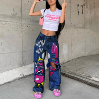 Jeans en denim Y2K en gros, style streetwear, coupe droite, imprimé pop art dessin animé, déchirés, pour femmes