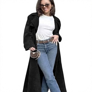 Gabardina Negra para Mujer, Cuello con Muescas, Frente Abierto, Larga, Informal, para Otoño - Product Image 1