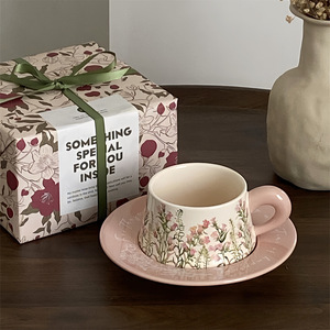 Ensemble <span class=keywords><strong>tasse</strong></span> et soucoupe à café en céramique écologique Lily Blossom, style minimaliste, coffret cadeau pour la fête des mères et la fête des infirmières - Product Image 1