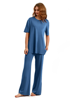 Ensemble pantalon et pull court en soie et cachemire 14gg anti-boulochage, tricot fin, coupe ample, col rond, pour femme, style décontracté, ODM
