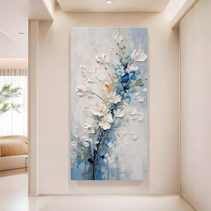 Peinture à l'huile florale peinte à la main, style crème moderne, texture épaisse bleue, art décoratif pour entrée, décoration murale sans cadre - Product Image 3