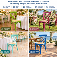 Chaise vintage en bois massif coloré avec dossier en X et assise en rotin, empilable, pour mariage, banquet, événement, location de mobilier, prix de gros