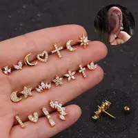 Boucles d'oreilles pour cartilage, 1 pièce en or et argent, bijoux en acier inoxydable, avec clou et dos vis perforés