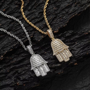 Bling Iced Out CZ Diamant Fatima Hand Anhänger Halskette Hiphop Schmuck für Männer und Frauen mit Edelstahlkette - Product Image 1