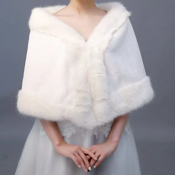 Jtfur Cô Dâu Váy Cưới Mùa Đông Ấm Stole Mềm Faux Fur Coat Khăn Choàng Cape Bọc