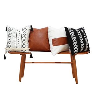 Bohemian Ethnic Style Solid Cotton Knitted Patchwork Lumbar Cushion-Modern Minimalist Pillow Cover <b>for</b> <b>Bed</b> and Sofa <b>Backrest</b> - Product Image 1