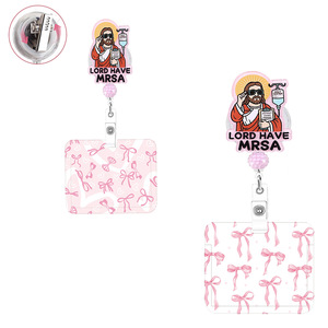 Wholesale priest's badge scroll keychain with rhinestone beads, horizontal bow, <b>ID</b> card <b>holder</b> - Product Image 1