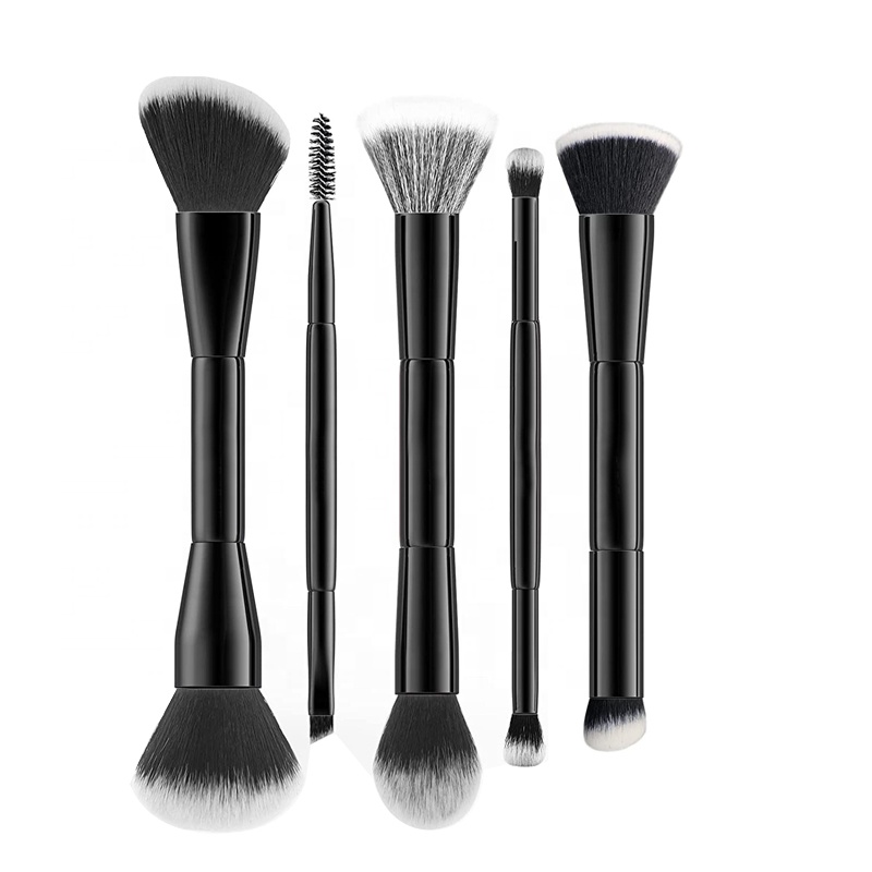 5pcs black dual end makeup brush set cosmetic purple powder contour brush rose gold highlighter eyebrow brush