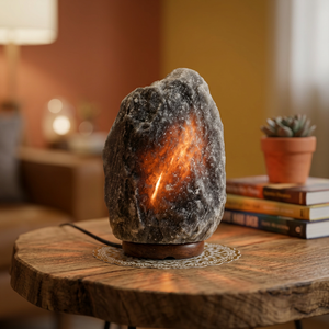 Lámpara de Sal Gris del Himalaya con Interruptor Regulador de Intensidad, Base de Madera Tallada Natural, Artesanía Natural al por Mayor, Lámpara de Mesa de Sal Gris - Product Image 1