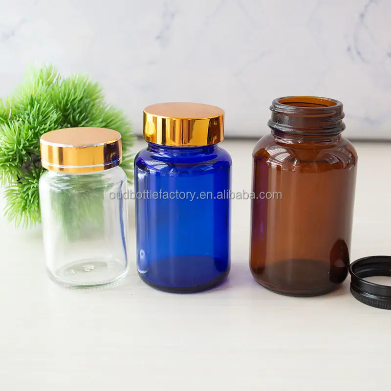 Botol kaca pil kapsul medis Amber mulut lebar 100ml 150ml 200ml dengan tutup plastik untuk kapsul