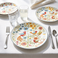 Assiette en céramique de porcelaine ronde à motif floral d'oiseaux, vaisselle multicolore pour la salle à manger à domicile