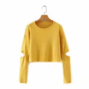 2020 Spring autumn hollow out long sleeve crew neck casual polyester crop top knit women's sweater cardigans