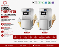 Machine à glace molle verticale à trois têtes en acier inoxydable T36LS T46LS T56LS pour café, snack-bar, restaurant