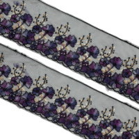 Bordure en dentelle de luxe brodée de perles et de sequins noirs pour manches d'Abaya, robe Kofta, ourlet et embellissement décoratif