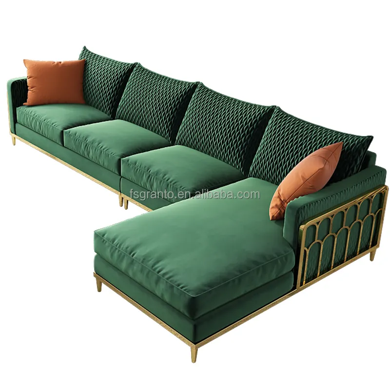 Sofá de tela suave para sala de estar, sofá de terciopelo en forma de L con Base de acero inoxidable