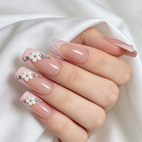 Faux ongles carrés à presser rose nude, motif fleur 3D, strass dorés, brillants, vente en gros, étiquette privée personnalisée