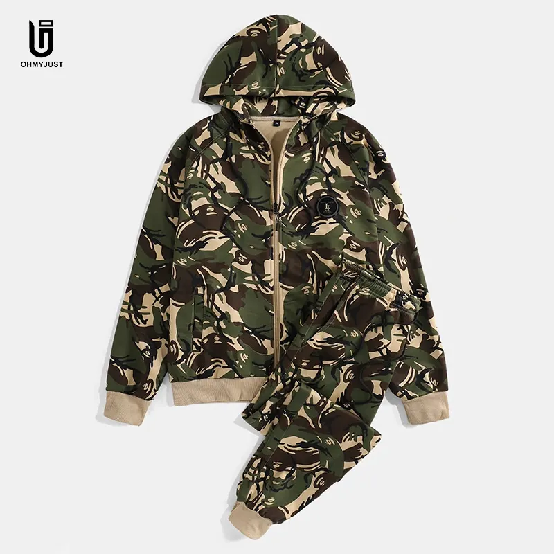 Full Zipper Mens Camouflage Print Hooded Jacket Running Pants Sports Casual Thermal Camping Two-Piece Outfits
