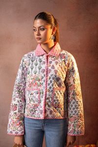 white <b>Quilted</b> Knitted Short Floral Patchwork Sleeveless Vest V-Neck <b>Single</b> Breasted Cotton Block Printed Spring Women's Jacket - Product Image 6