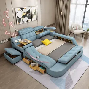 Çok fonksiyonlu akıllı yatak odası mobilyası king-size yatak depolama ile Modern çift kişilik yatak
