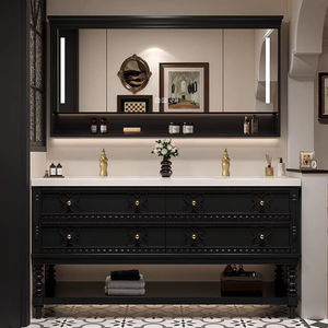 Mueble de baño retro francés con lavabo doble, lavabo de cerámica integrado - Product Image 1