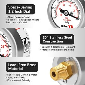 Atryb मिनी वैक्यूम दबाव गेज स्टेनलेस स्टील हाउसिंग पीतल आंतरिक 1.2 "डायल-30inhg/-100kpa npt 1/8" वापस माउंट शुष्क - Product Image 4