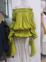 Robe Courte Plissée Métallisée Vert Citron Élégante Joydressing, Sexy, Épaules Dénudées, Manches Longues Évasées, Robes de Soirée, Vente en Gros