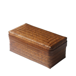 Caja rectangular pequeña de bambú tejida a mano para ceremonia del té, joyas, antiguos, color envejecido - Product Image 5