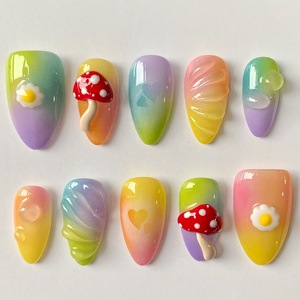 10 pièces <span class=keywords><strong>manucure</strong></span> faite à la main moyenne amande peinte à la main Floral court amande couverture complète acrylique <span class=keywords><strong>faux</strong></span> <span class=keywords><strong>ongles</strong></span> avec ensemble de lime à <span class=keywords><strong>ongles</strong></span> adhésif - Product Image 2
