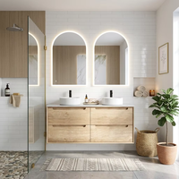Meuble-lavabo mural flottant sans poignée en chêne neutre, avec tiroirs de rangement et miroir en option pour salles de bain
