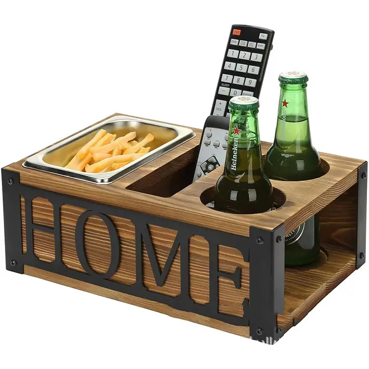Home Decor Wooden Universal 3 Slot Sofa TV Remote Control Holder Storage Caddy with Stainless Steel Snack Dish